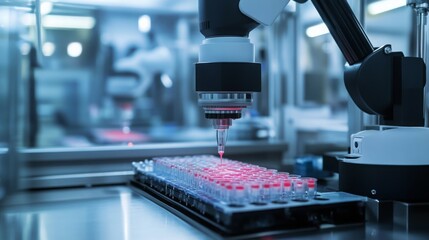 A robotic arm precisely dispenses colorful liquids into small test tubes within a modern laboratory. The setting highlights advanced technology and automation in scientific research.