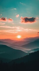 Obraz premium Breathtaking sunset view over rolling hills, painted in vibrant colors. Nature's beauty captured during twilight hours.