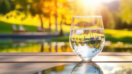 A clear glass of water set on a patio table with nature in the background, reflecting a peaceful, outdoor setting.