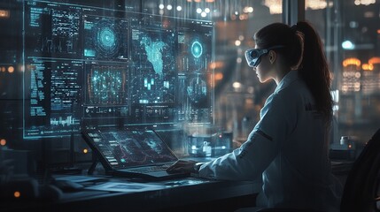 Fototapeta premium A woman in glasses focuses on a computer screen with holographic research data in a dark office, highlighting her scientific work.