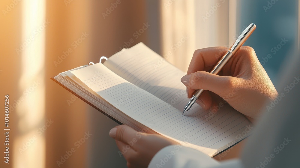 Poster a close-up of a notepad and pen in the hands of a therapist, actively listening and taking notes dur