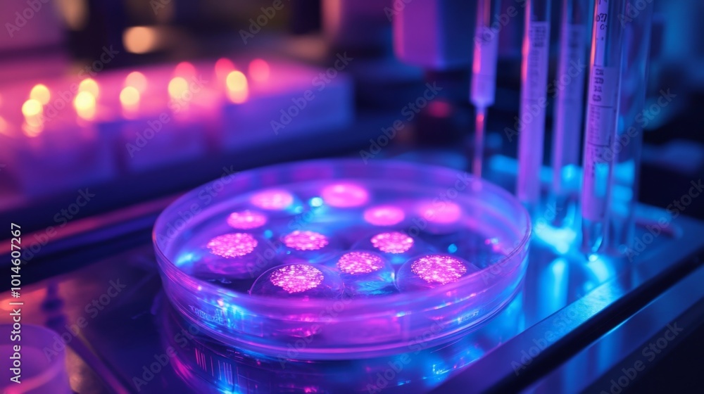 Poster a petri dish containing several small, round objects in a liquid sits under a bright purple light. t
