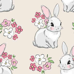Hand drawn bunny trend print, seamless pattern Cute rabbits and flowers background vector 
