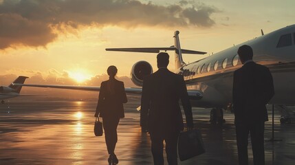 Business travelers walking towards a private jet at sunset, reflecting a successful journey and professionalism.