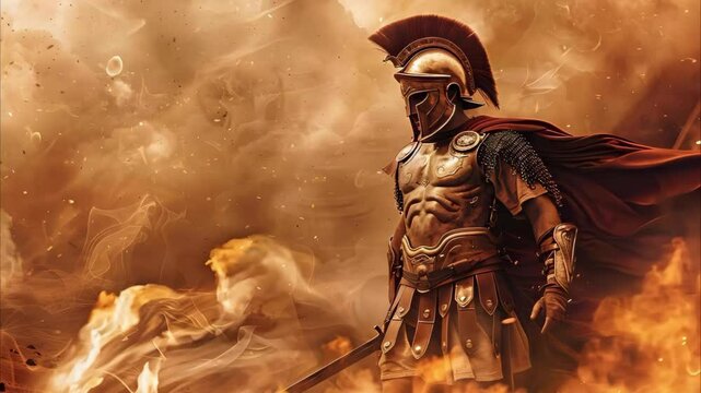 A fierce warrior in ancient armor stands amidst a fiery background, exuding strength and bravery.