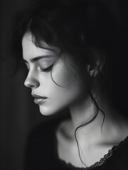 Serene Woman s Introspective Gaze in Cinematic Black and White Portrait