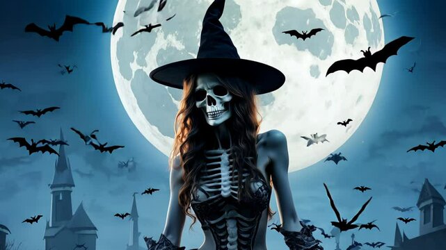 skeletal figure dressed as a witch with a large black hat, standing in front of a full moon, surrounded by flying bats in a spooky Halloween