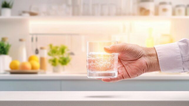 A close-up of a senior man's hand holding a glass of water, with the soft background of a home kitchen.