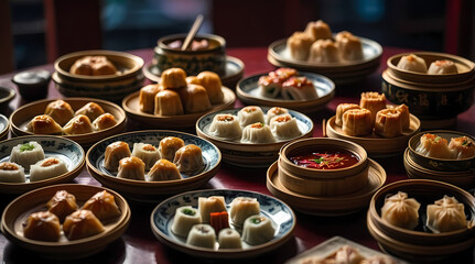 Naklejka premium Dim Sum Feast With Assorted Dishes In Warm Golden Hour Light 