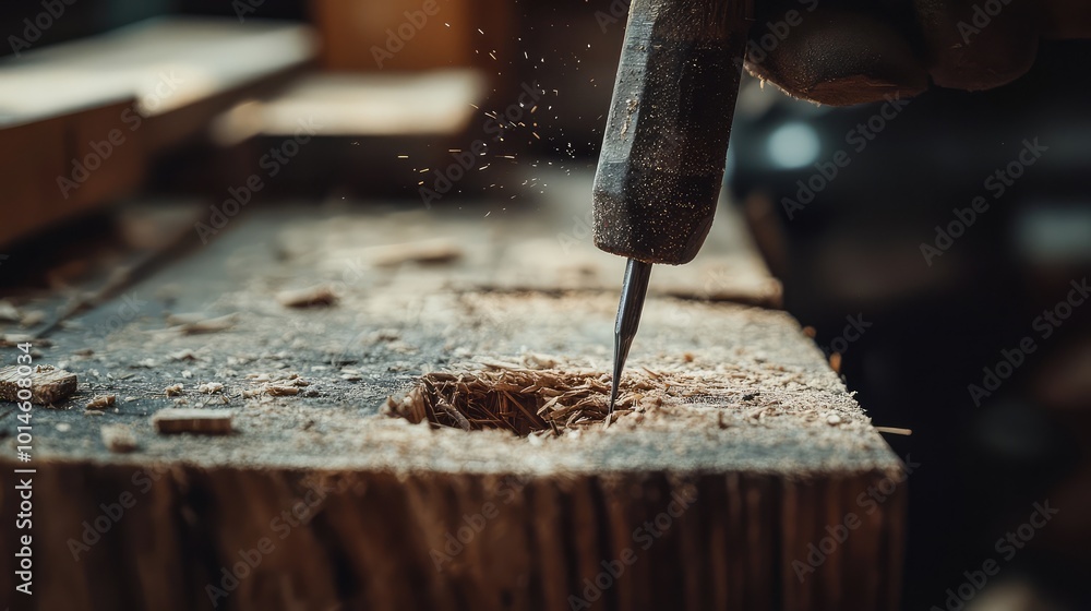 Poster close-up of a hand using a chisel to carve a wooden surface, releasing wood shavings in a cozy works