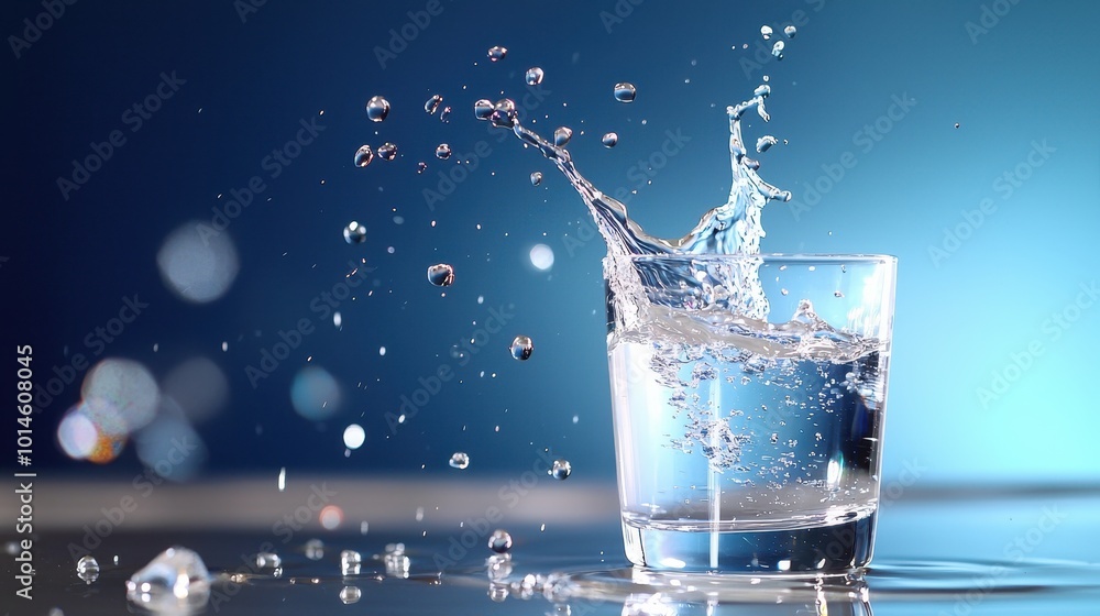 Poster a crystal-clear glass of water being poured from a pitcher, with drops splashing and creating a refr