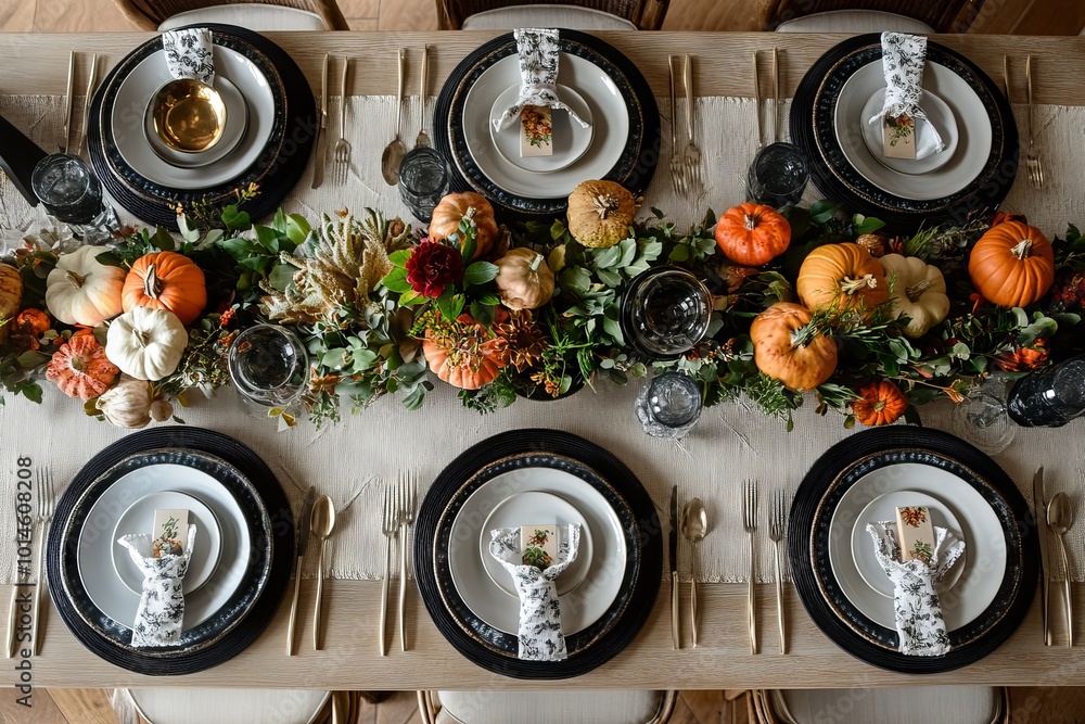 Poster top view of a thanksgiving table with a mix of traditional and modern table settings.