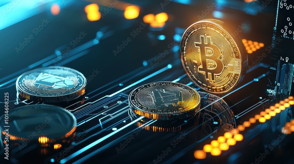 Poster a dark-themed background filled with glowing cryptocurrency coins and digital code streams, represen