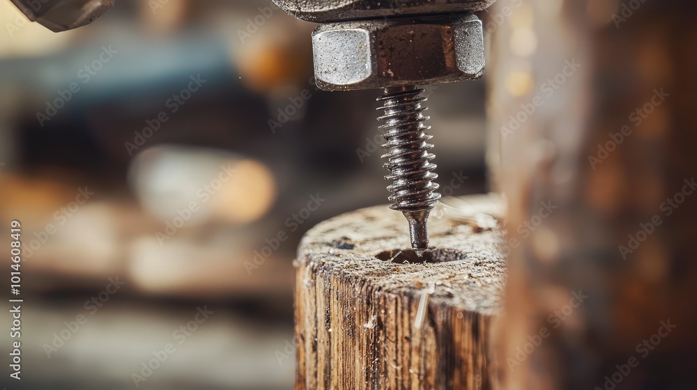 Poster close-up of a screw being driven into a wooden surface, highlighting craftsmanship and tools in acti