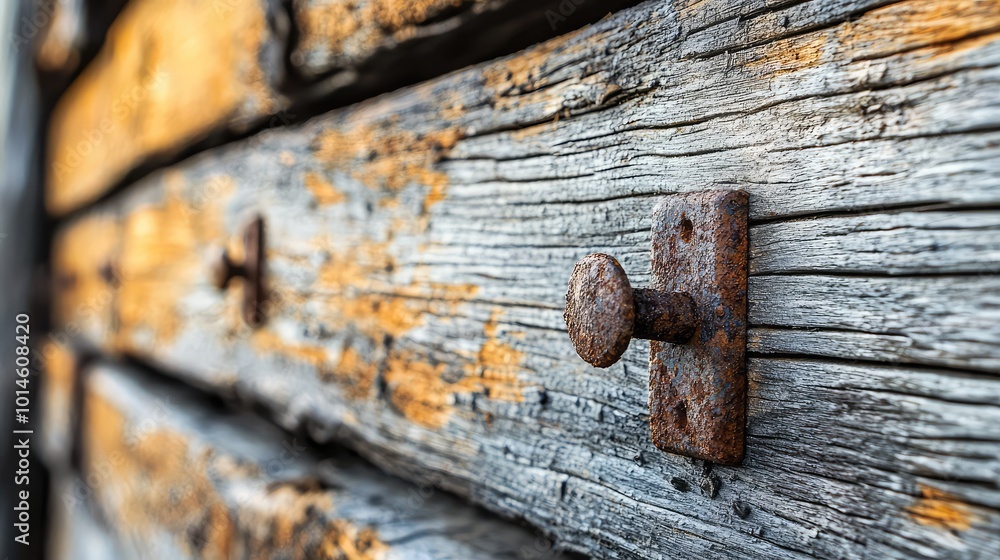 Poster close-up of a rusty nail embedded in weathered wooden planks, showcasing texture and decay in a rust