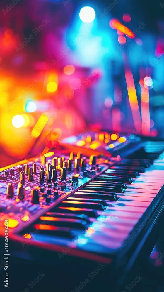 Poster close-up of a synthesizer keyboard with vibrant lights creating an energetic atmosphere in a music s