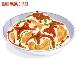 Dahi Bhalla or Dahi Vada Chaat Plate. Tamarind & Mint Chutneys, Sev and Pomegranate Seeds Toppings. Indian Spicy Street Food Art