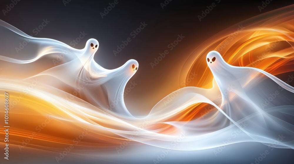 Poster a dynamic halloween abstract background with swirling lines and overlapping ghostly figures, evoking