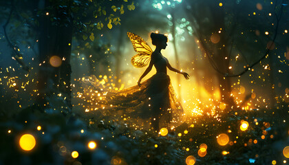 Naklejka premium lights weaving through ancient pines. Ethereal fairies dancing among moonlit trees, surrounded by magical whispers and melodies