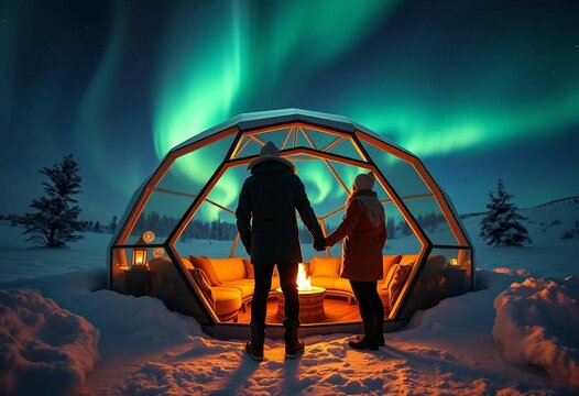 Cute couple in a modern glass igloo under northern lights, a romantic winter scene.