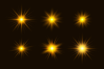 Orange and yellow glowing light stars explodes. Sparkling dust yellow particles. Shining sun light flare, shine effect, sparkle star, glow shine, glare