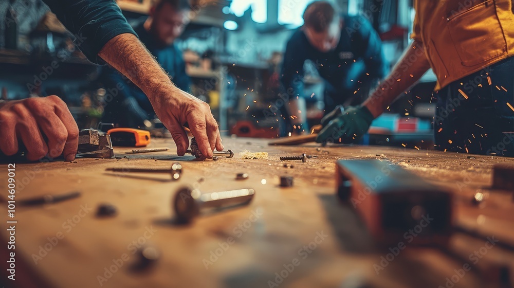 Poster close-up of hands working on wood in a workshop, showcasing tools and craftsmanship in action for wo