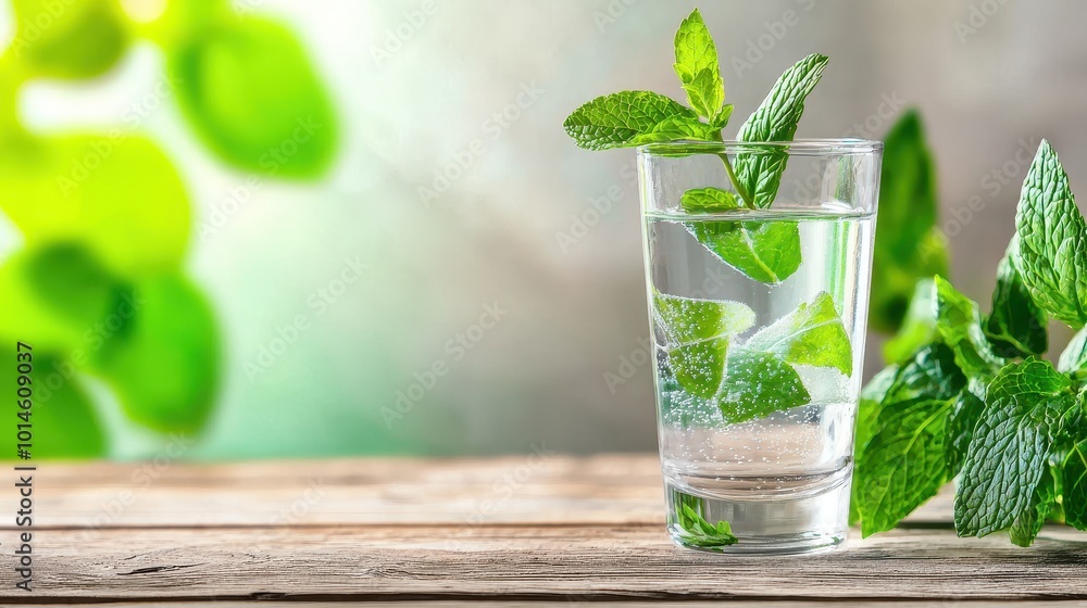 Poster a glass of water with mint leaves floating on top, set on a rustic table, creating a refreshing and 
