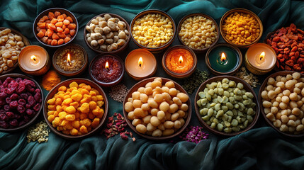 A vibrant assortment of traditional Indian snacks arranged beautifully on a decorative platter, symbolizing joy during Diwali celebrations.