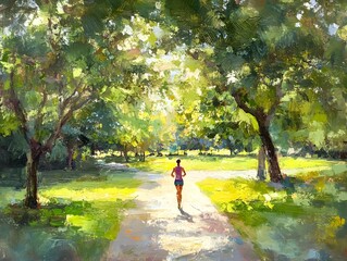 Jogger Dashing Through Lush Vibrant Park Landscape with Impressionist Brushstrokes