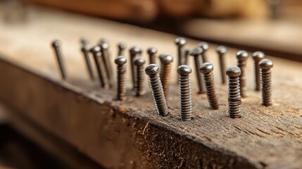 Close-up of metallic screws embedded in a wooden surface, showcasing their unique textures and details.