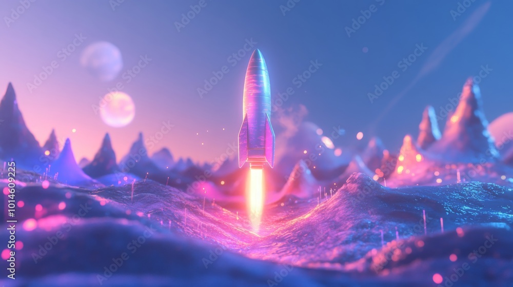 Poster a sleek rocket erupts with flames as it ascends from a colorful extraterrestrial terrain filled with