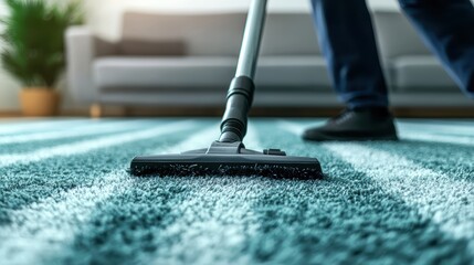 Professional Carpet Cleaning Technician Using Vacuum Cleaner in Modern Office Environment