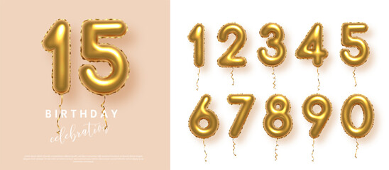Birthday anniversary golden numbers set template with number 15. Celebration birthday vector background. Gold numbers in form of balloons on beige for party invitation, greeting card, poster, event.