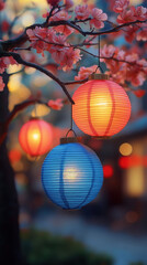 Obraz premium Colorful lanterns hanging in a beautiful outdoor setting, creating a festive atmosphere for Diwali and other celebrations.