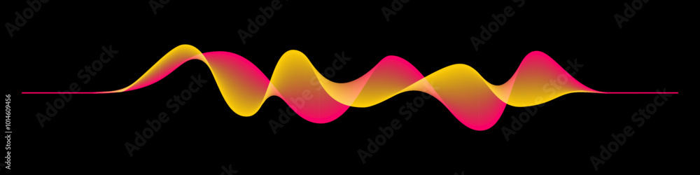 Poster abstract sound rhythm wave vector illustration. yellow and pink flowing twisted waveforms isolated o