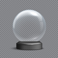 Snow globe template vector illustration. Realistic empty glass snowball on gray base with empty space for lettering. Christmas and New Year design element on transparent background.