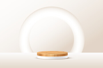 Wooden 3d podium with glowing white round frame on beige background. Empty circle stand pedestal of natural wood with white base for luxury product presentation. Realistic vector illustration