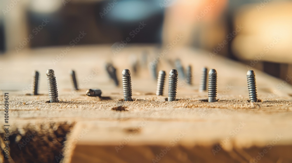 Poster close-up view of screws embedded in a wooden surface, showcasing craftsmanship and detailed texture 