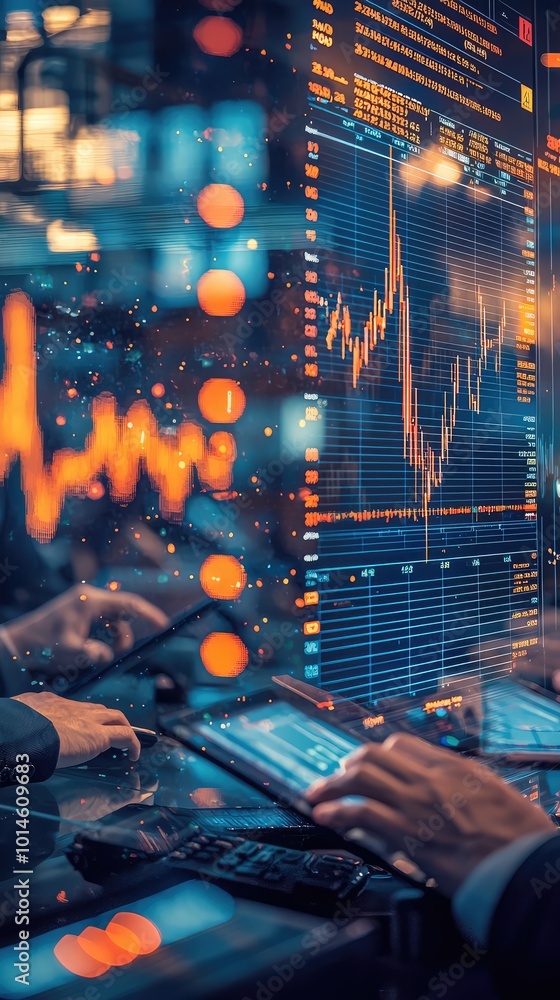 Poster close-up view of hands interacting with digital screens displaying financial data and charts in a mo