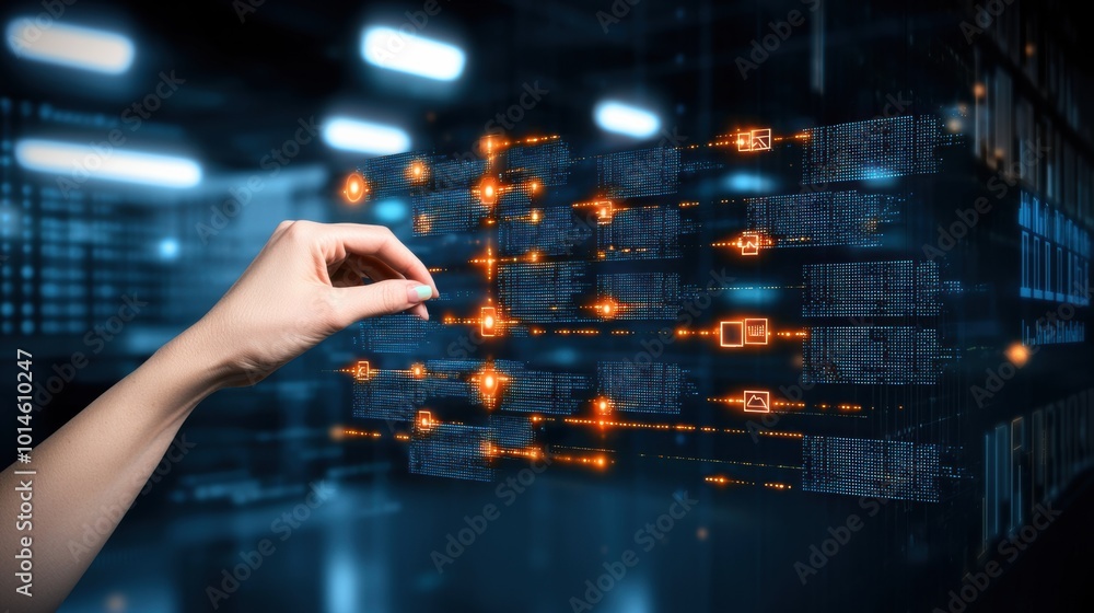 Poster hand interacting with digital data interface