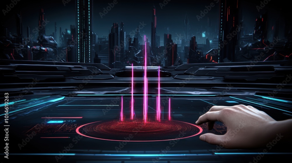 Poster futuristic interface with hand and digital data visuals