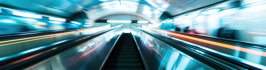 blurred background metro escalator light blue background movement city infrastructure subway long way walk up stair speed movement shot