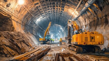 Naklejka premium Construction workers operate machinery inside a large underground tunnel, showcasing excavation and engineering activities.