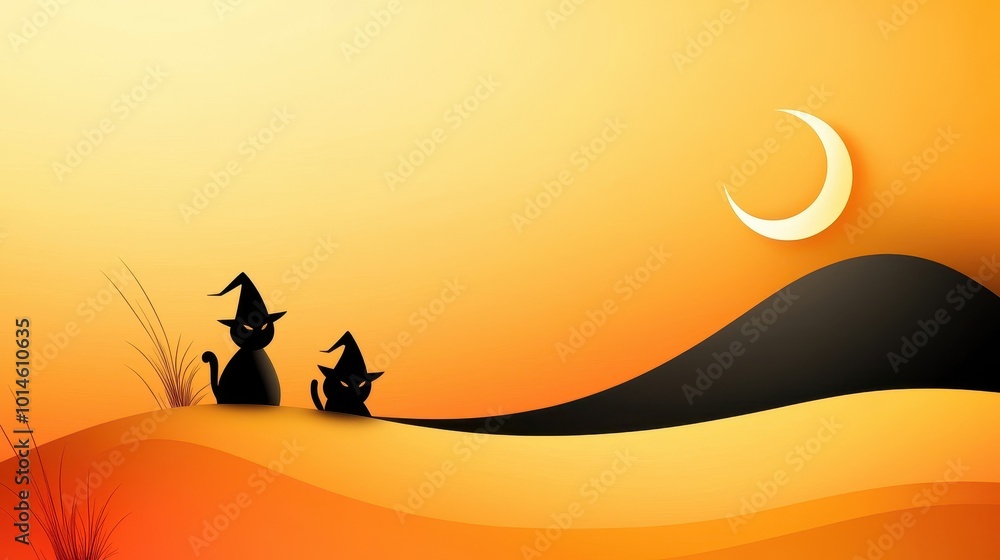 Poster a minimalistic halloween abstract background with sharp, angular lines forming witch hats, moons, an