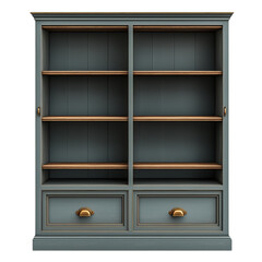 Stylish bookshelf, blue color with wooden accents, isolated background