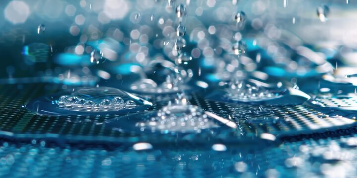 close up blue wafer semiconductor wash with clean water macro shot