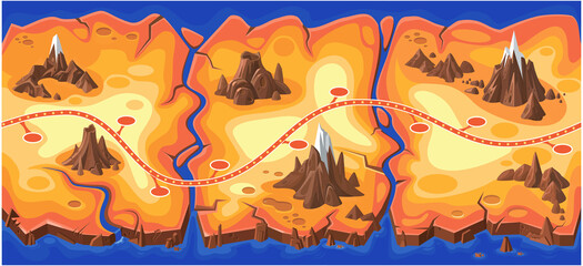 Game Level Map for Mobile Game Design for arcade, match 3 or any casual app. Cartoon vector illustration of level and gui design. In warm colors. Top view