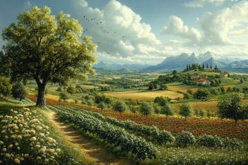 A picturesque, rolling countryside scene with a dirt path leading to a small village nestled in the foothills of a mountain range. The path is flanked by fields of colorful wildflowers.