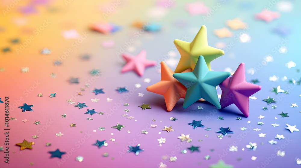 Poster a rainbow star pattern background with multicolored stars scattered across the frame, creating a whi