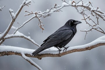 Obraz premium Raven on a Snowy Branch in a Winter Landscape